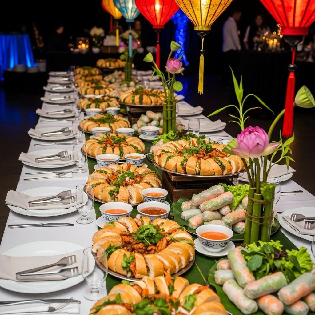 A catering display of Banh Mi sandwiches and spring rolls at a festive event, showcasing Vietnamese cuisine