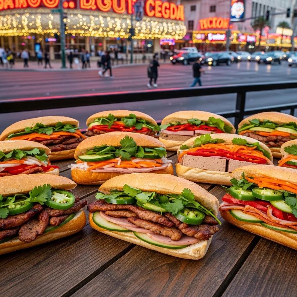 A selection of authentic Banh Mi sandwiches featuring grilled pork, fresh vegetables, and herbs in a Las Vegas setting