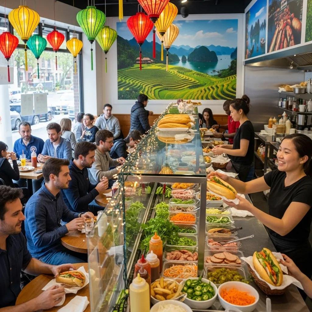 Customers enjoying Banh Mi in a vibrant Vietnamese sandwich shop atmosphere