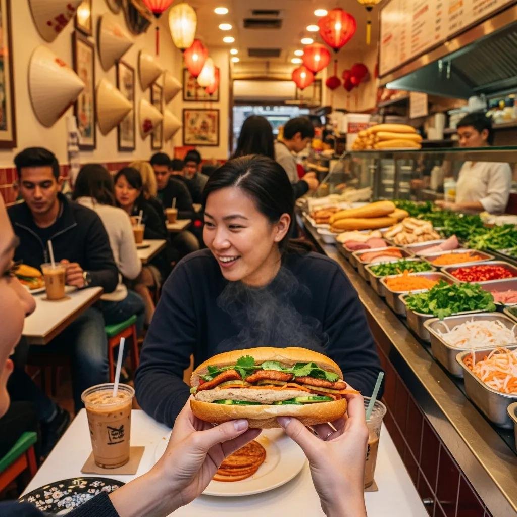 Customers enjoying Banh Mi sandwiches in a vibrant Chinatown restaurant with traditional Vietnamese decor